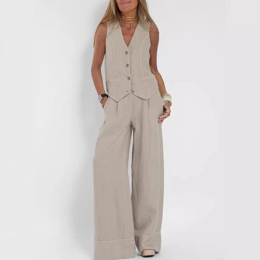 Vest Set Cotton-Linen Sleeveless V-Neck