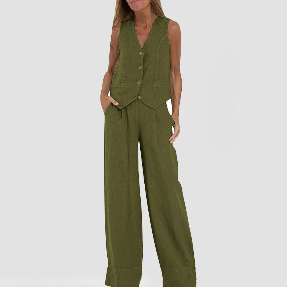 Vest Set Cotton-Linen Sleeveless V-Neck