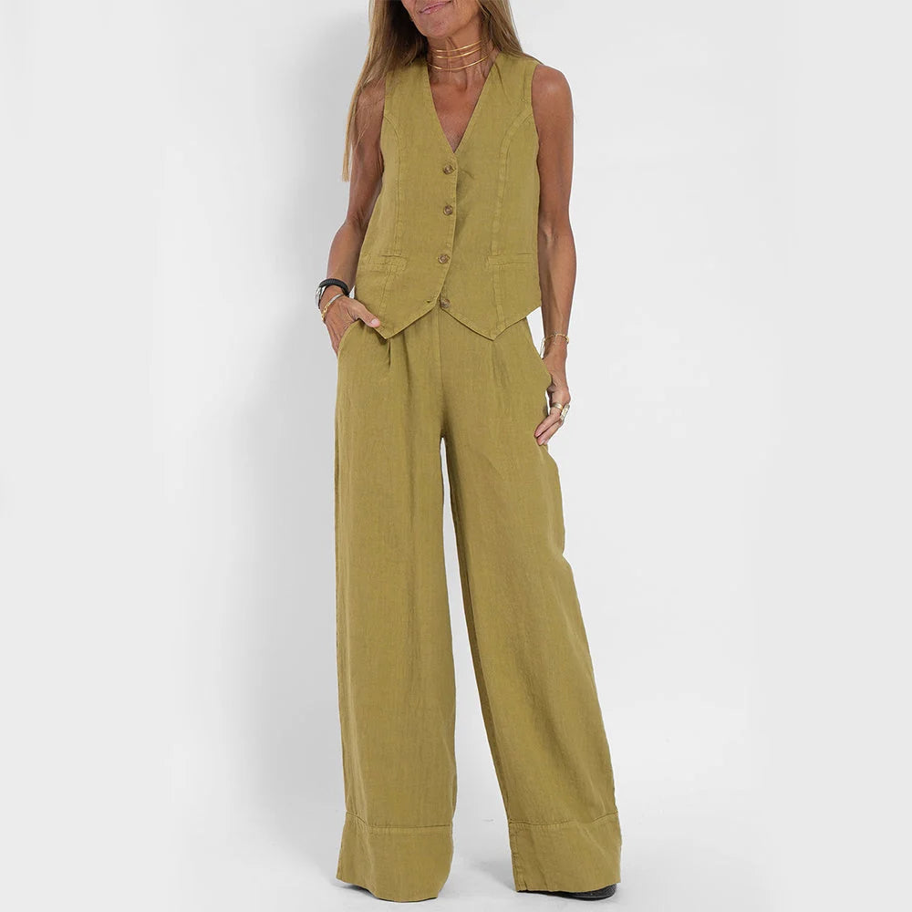 Vest Set Cotton-Linen Sleeveless V-Neck