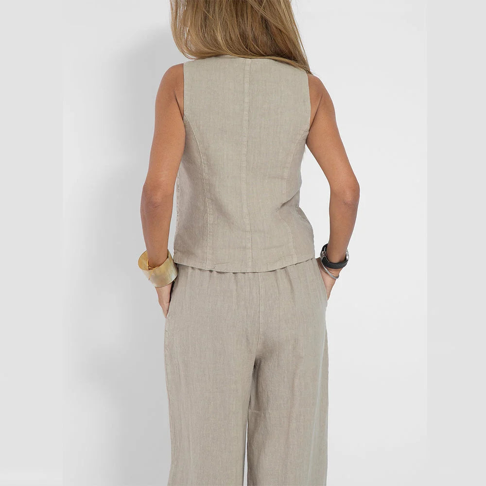 Vest Set Cotton-Linen Sleeveless V-Neck