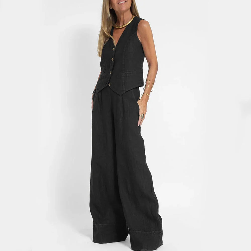 Vest Set Cotton-Linen Sleeveless V-Neck