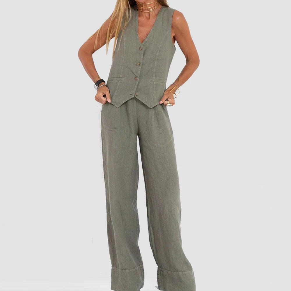 Vest Set Cotton-Linen Sleeveless V-Neck