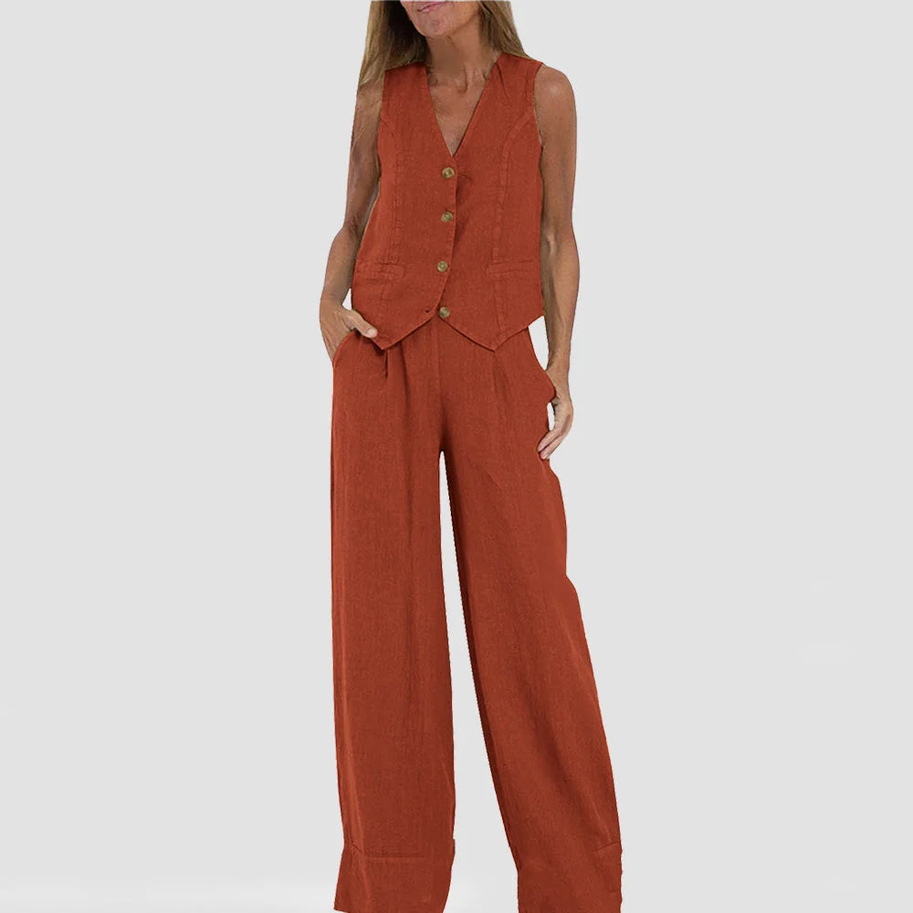 Vest Set Cotton-Linen Sleeveless V-Neck