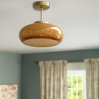 Vintage Brass Yellow Glass Semi-Flush Ceiling Light