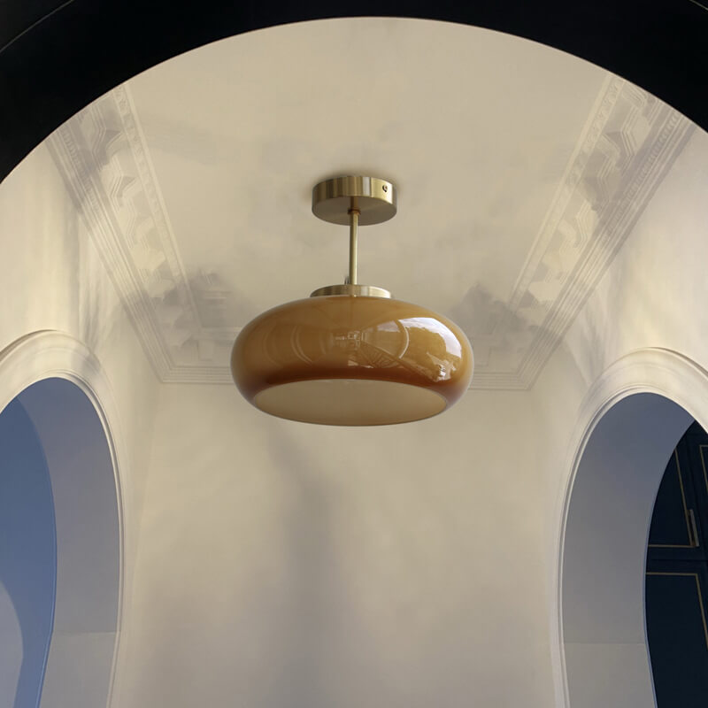 Vintage Brass Yellow Glass Semi-Flush Ceiling Light