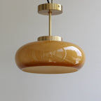 Vintage Brass Yellow Glass Semi-Flush Ceiling Light