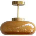 Vintage Brass Yellow Glass Semi-Flush Ceiling Light