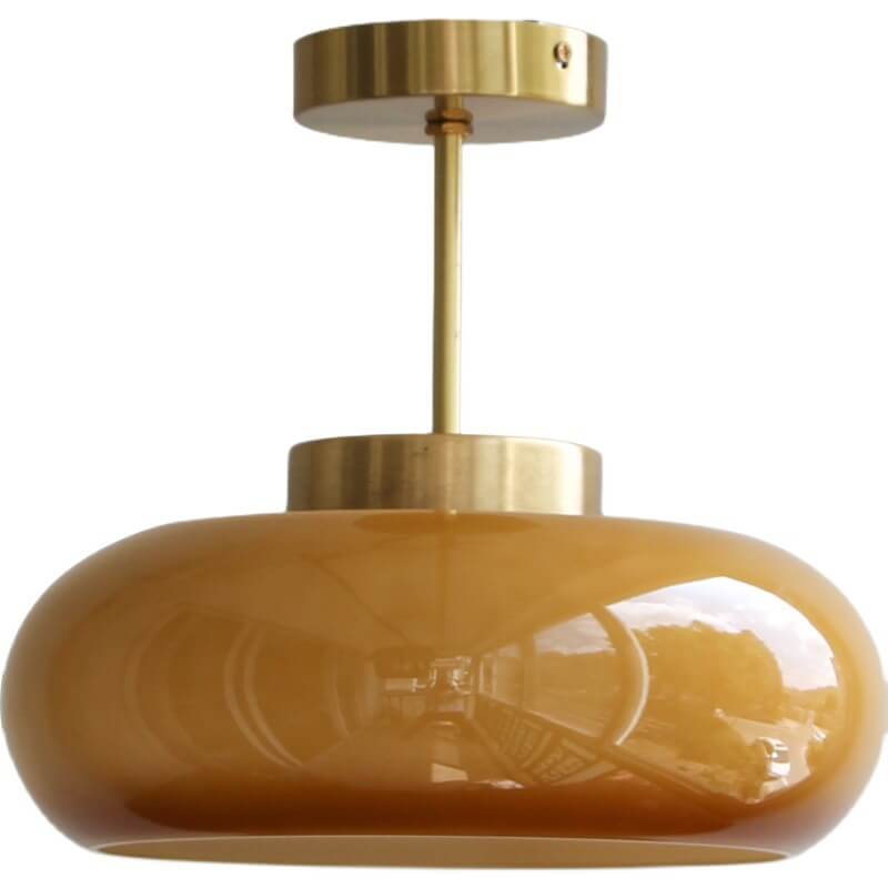 Vintage Brass Yellow Glass Semi-Flush Ceiling Light