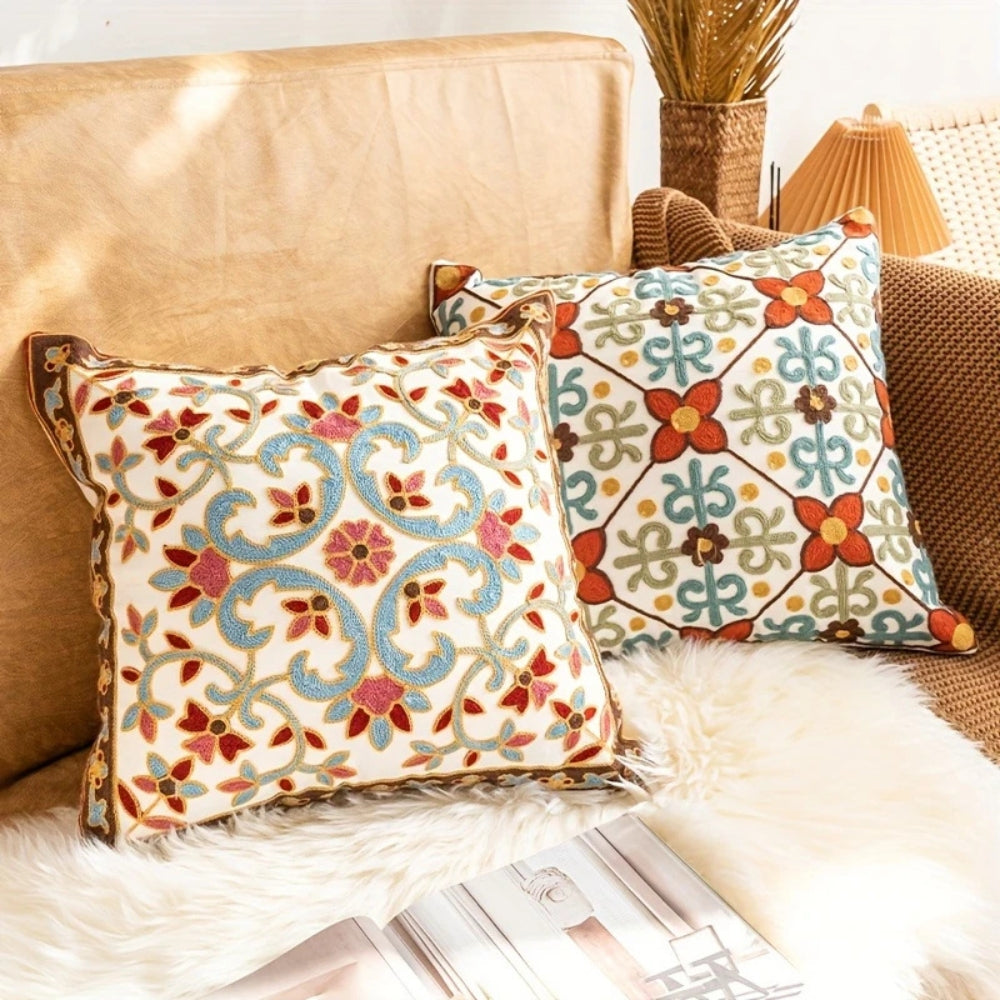 Vintage Embroidered Microfiber Cushion Cover (18 x 18 in)