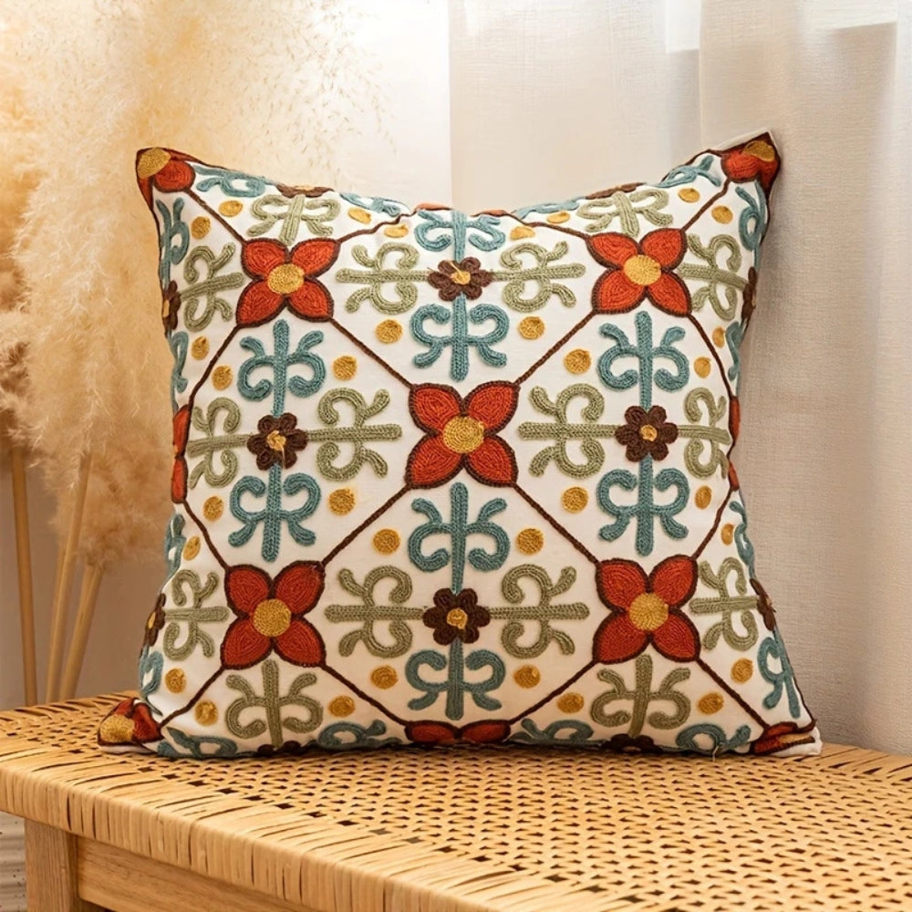 Vintage Embroidered Microfiber Cushion Cover (18 x 18 in)