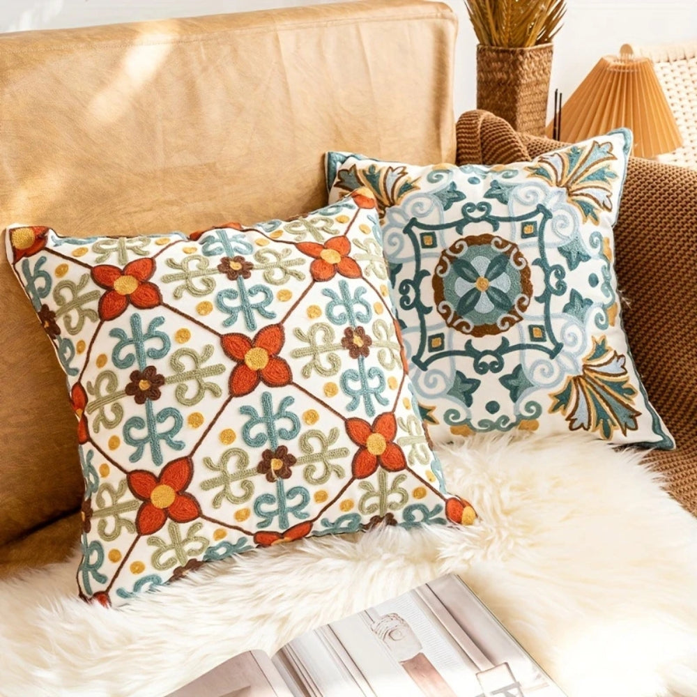 Vintage Embroidered Microfiber Cushion Cover (18 x 18 in)