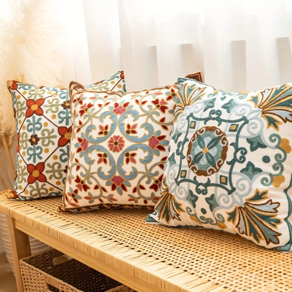 Vintage Embroidered Microfiber Cushion Cover (18 x 18 in)
