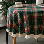 Vintage Holiday Plaid Tassel-Trim Round Tablecloth
