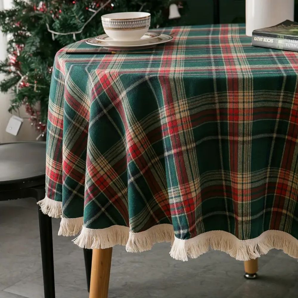 Vintage Holiday Plaid Tassel-Trim Round Tablecloth