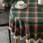 Vintage Holiday Plaid Tassel-Trim Round Tablecloth