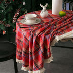 Vintage Holiday Plaid Tassel-Trim Round Tablecloth