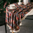 Vintage Holiday Plaid Tassel-Trim Round Tablecloth