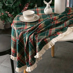 Vintage Holiday Plaid Tassel-Trim Round Tablecloth