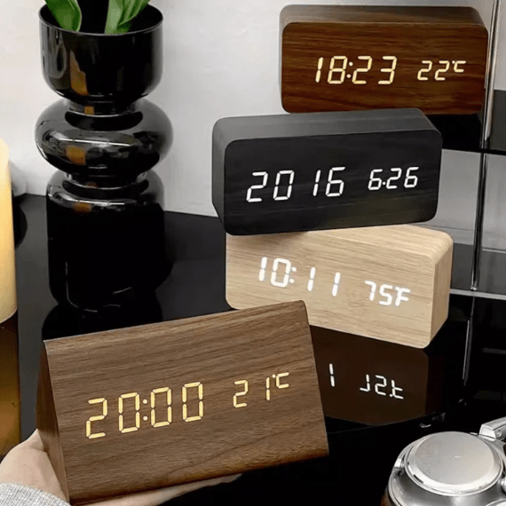 Voice & Clap-Activated Wooden LED Alarm Clock