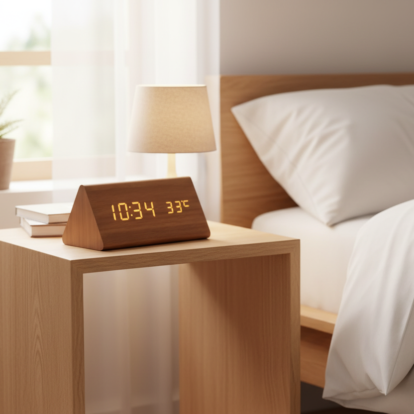 Voice & Clap-Activated Wooden LED Alarm Clock