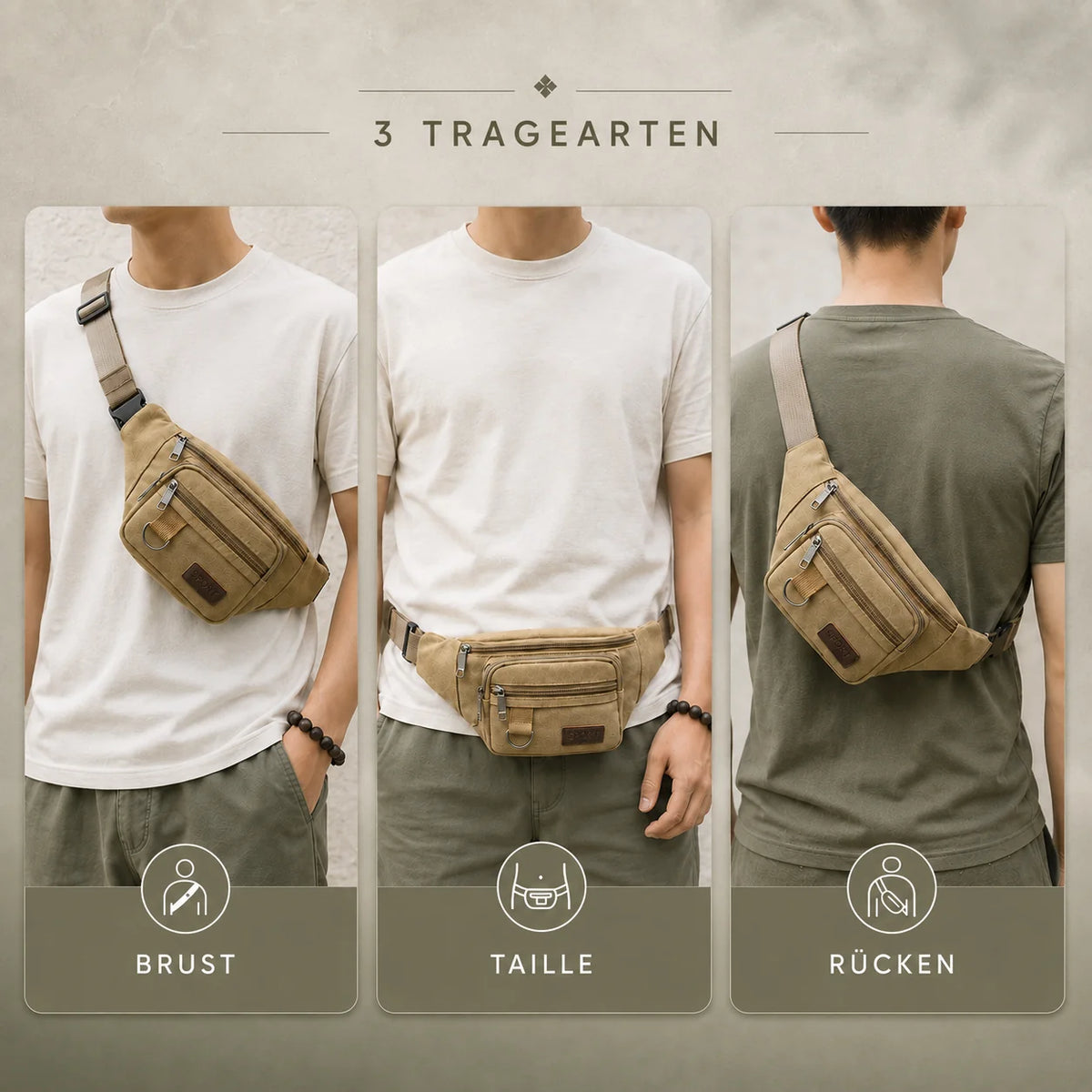 Waist Pack Thick Canvas Multiple Zippered Pockets
