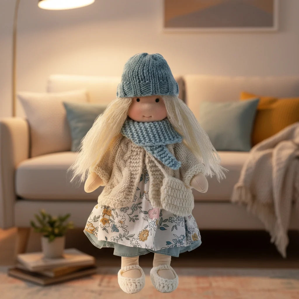 Waldorf Doll Handmade Cotton Body Embroidered Face Knitted Outfit