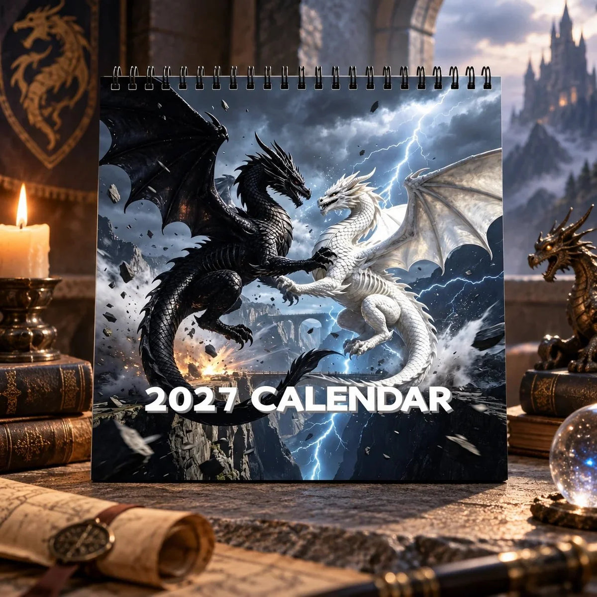 Wall Calendar 2027 Dragon Art Spiral-Bound Hanging Design