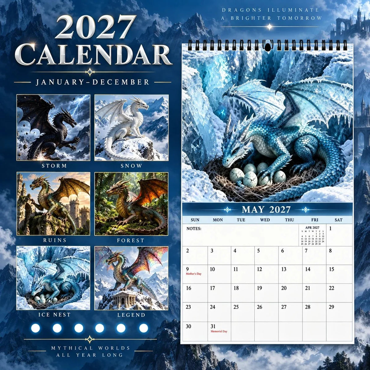Wall Calendar 2027 Dragon Art Spiral-Bound Hanging Design