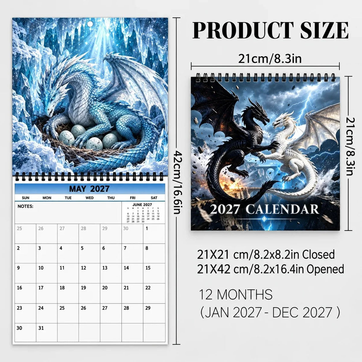 Wall Calendar 2027 Dragon Art Spiral-Bound Hanging Design
