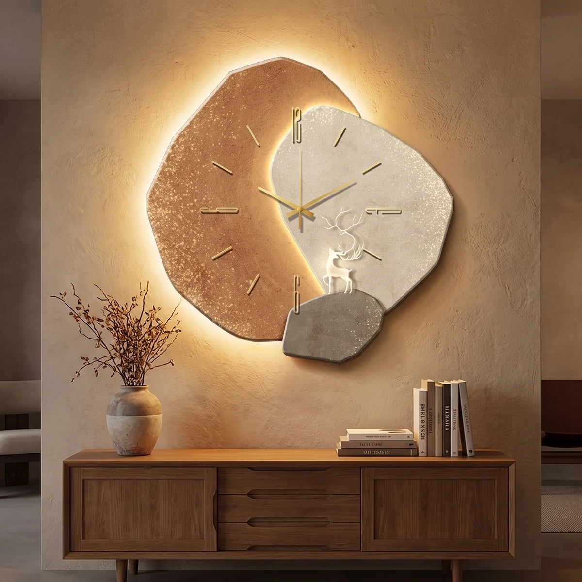 Wall Clock Natural Wood Grain LED Backlight Silent Quartz