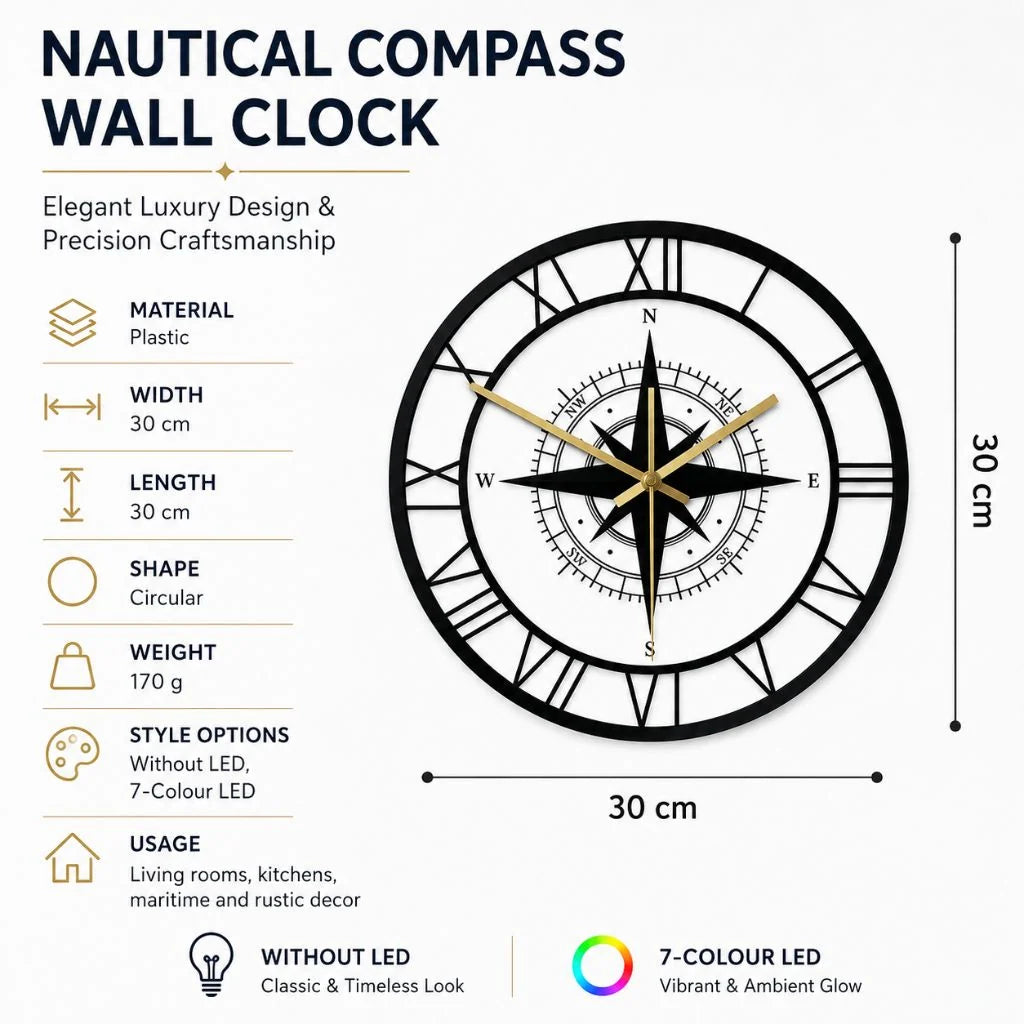 Wall Clock Nautical Compass Silent Movement