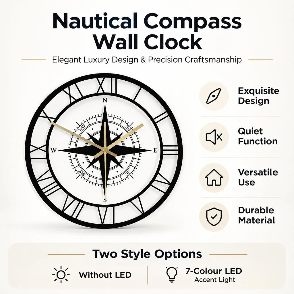 Wall Clock Nautical Compass Silent Movement