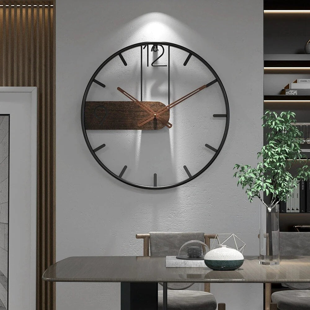 Wall Clock Steel & Walnut 15.7 Inch Clear Dial