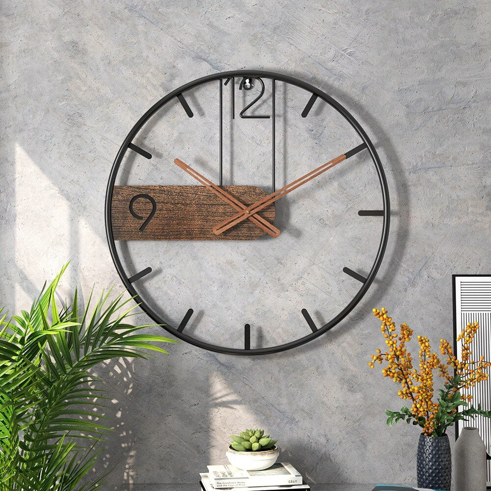 Wall Clock Steel & Walnut 15.7 Inch Clear Dial
