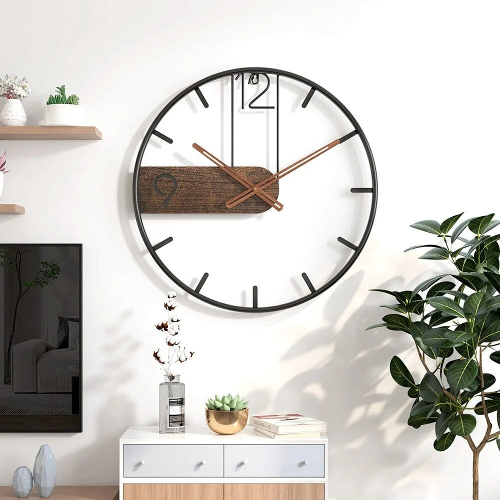 Wall Clock Steel & Walnut 15.7 Inch Clear Dial