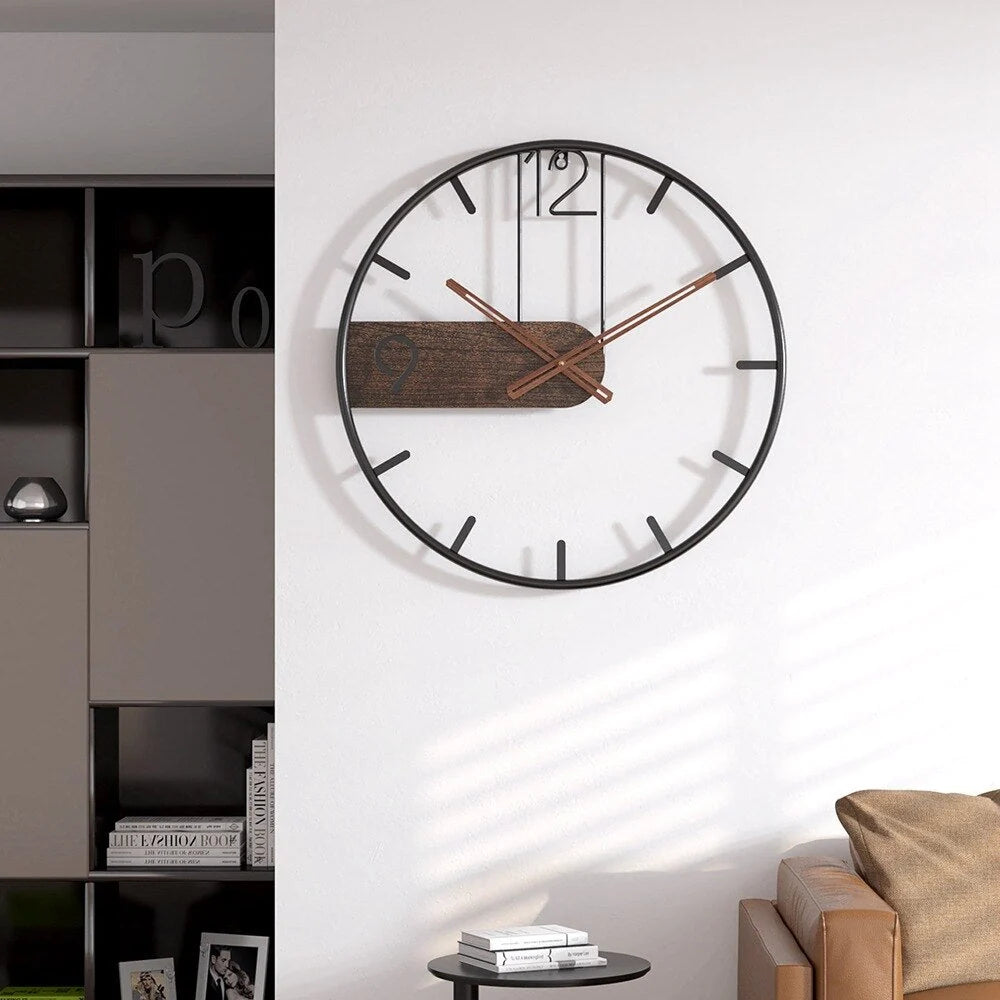 Wall Clock Steel & Walnut 15.7 Inch Clear Dial