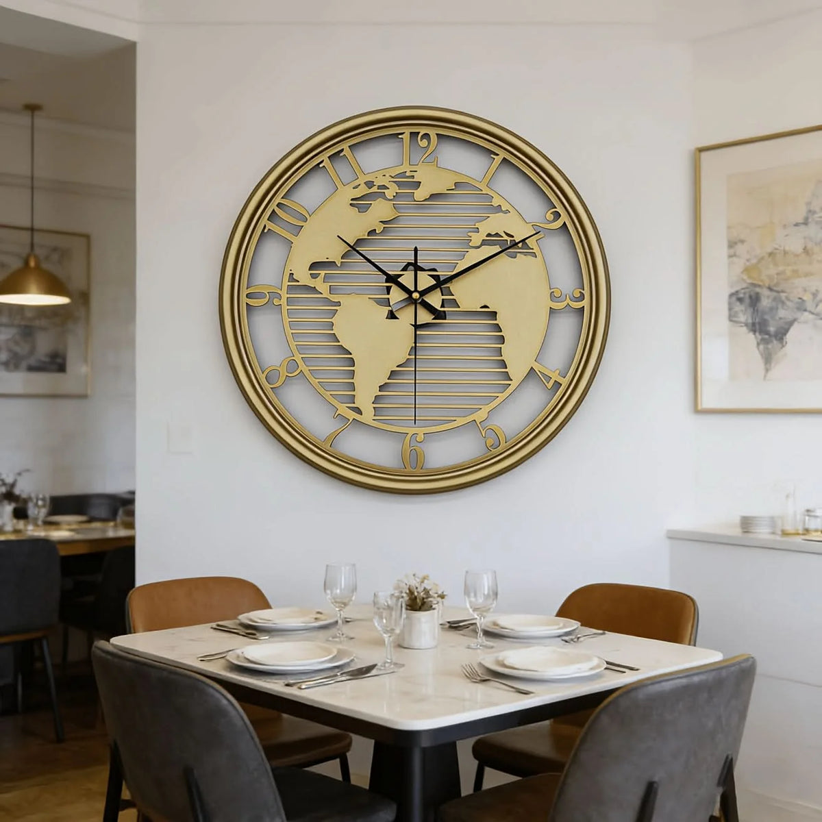 Wall Clock World Map Metal Frame Silent Non-Ticking