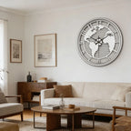 Wall Clock World Map Metal Frame Silent Non-Ticking