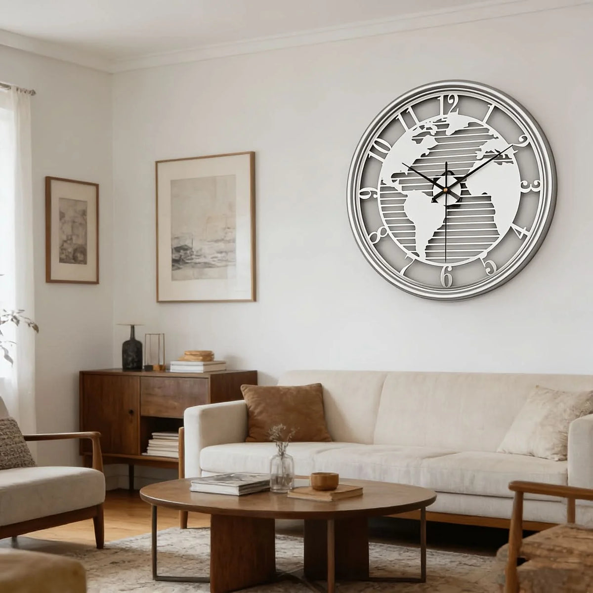Wall Clock World Map Metal Frame Silent Non-Ticking