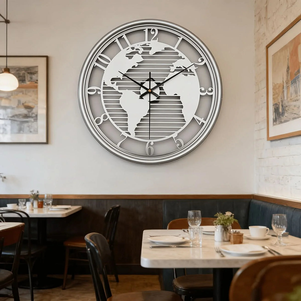 Wall Clock World Map Metal Frame Silent Non-Ticking