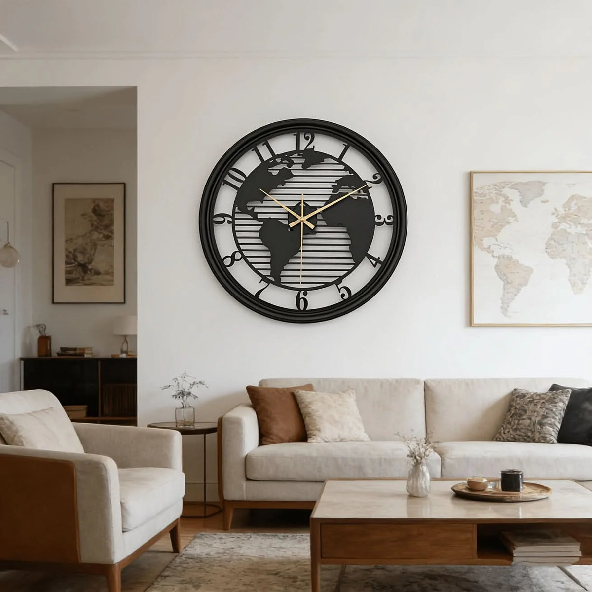 Wall Clock World Map Metal Frame Silent Non-Ticking