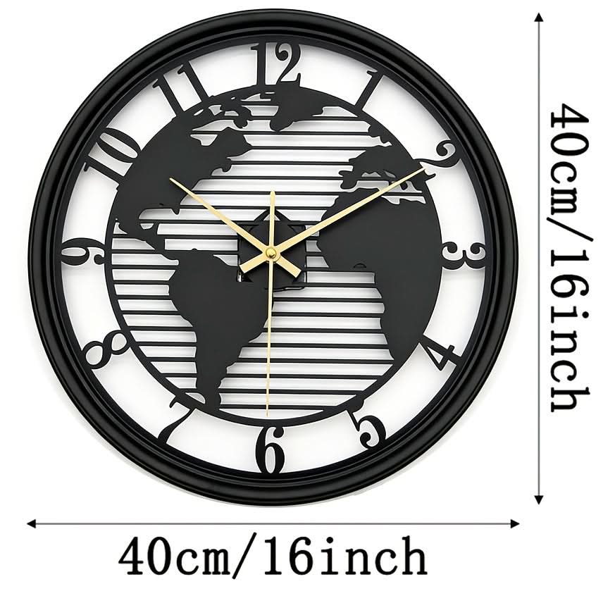 Wall Clock World Map Metal Frame Silent Non-Ticking