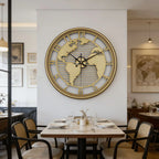 Wall Clock World Map Metal Frame Silent Non-Ticking