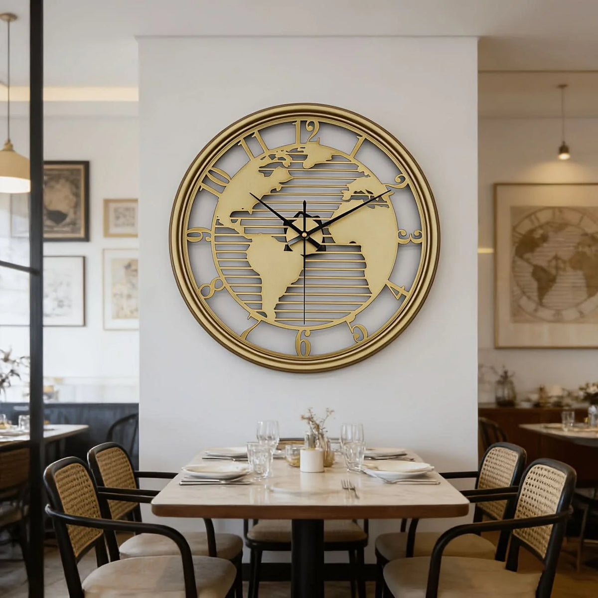 Wall Clock World Map Metal Frame Silent Non-Ticking
