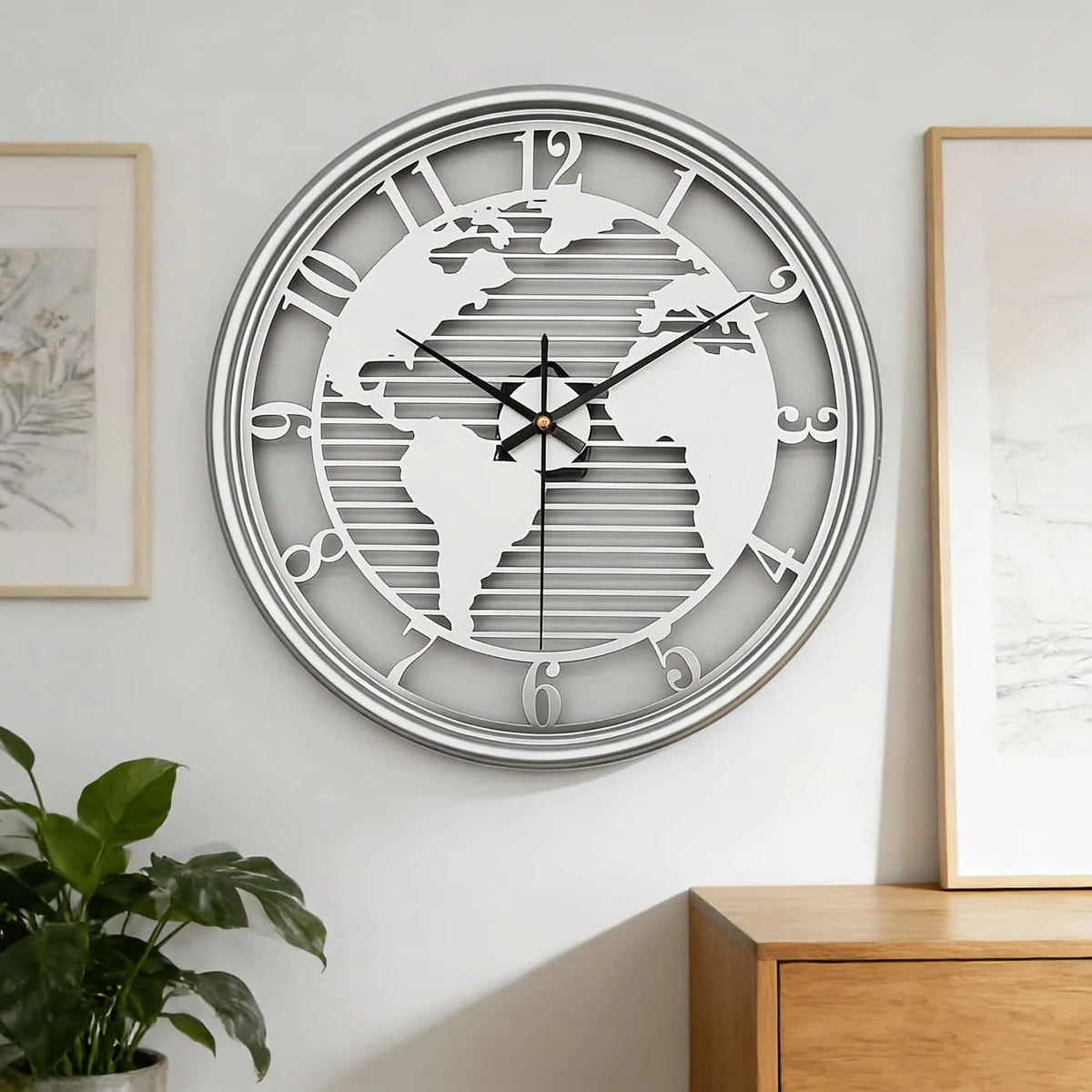 Wall Clock World Map Metal Frame Silent Non-Ticking