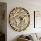 Wall Clock World Map Metal Frame Silent Non-Ticking