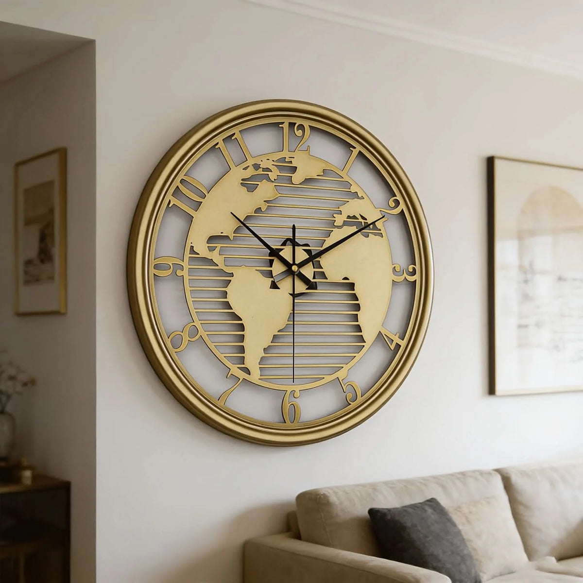 Wall Clock World Map Metal Frame Silent Non-Ticking