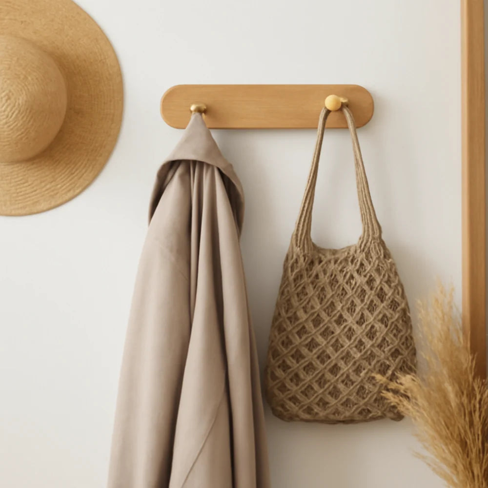 Wall Coat Rack Natural Wood & Solid Brass Hooks