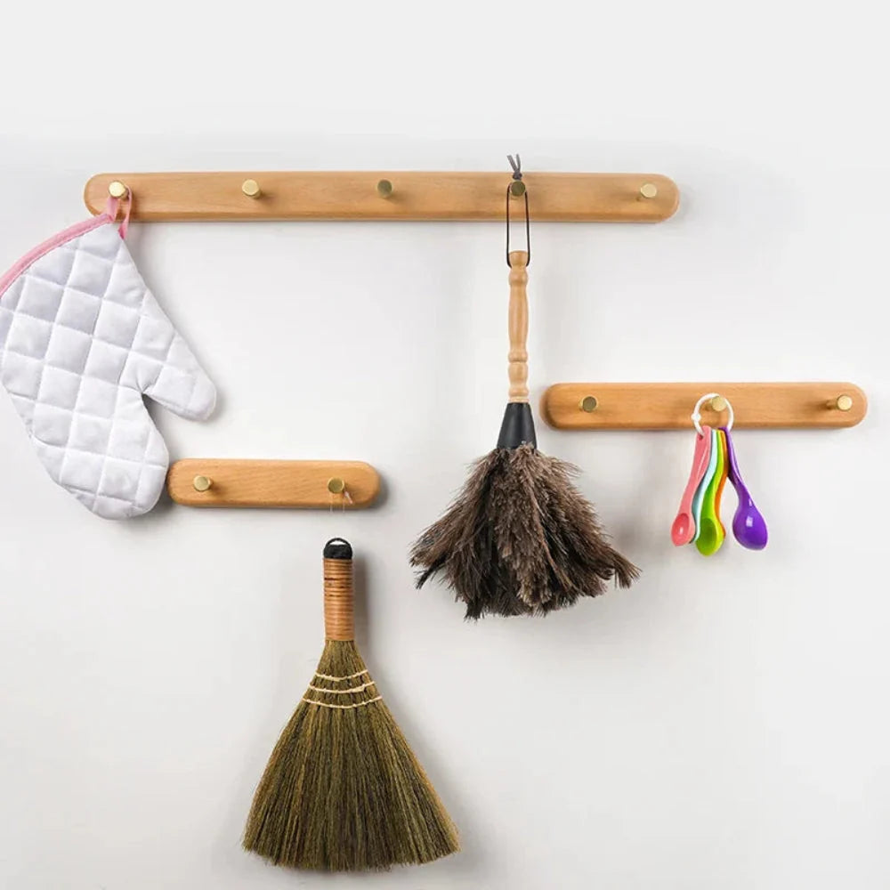 Wall Coat Rack Natural Wood & Solid Brass Hooks