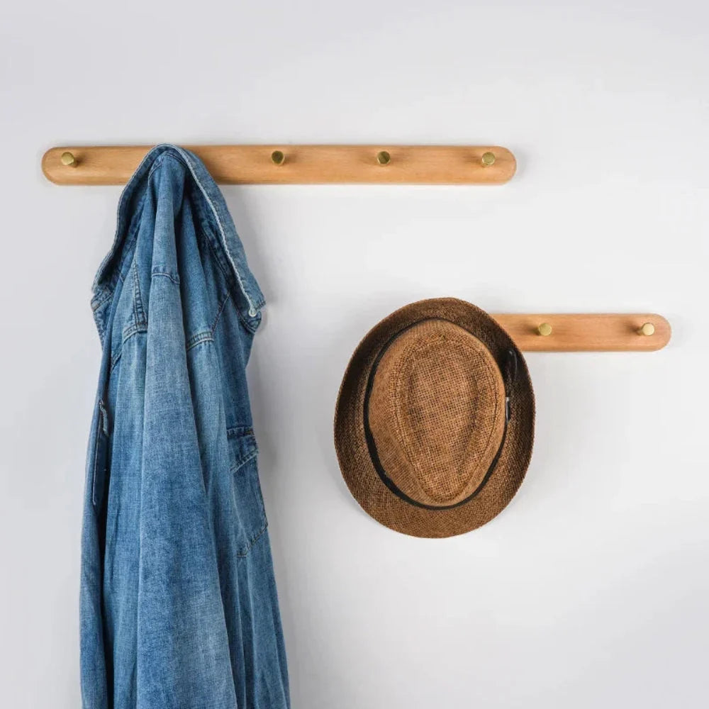 Wall Coat Rack Natural Wood & Solid Brass Hooks